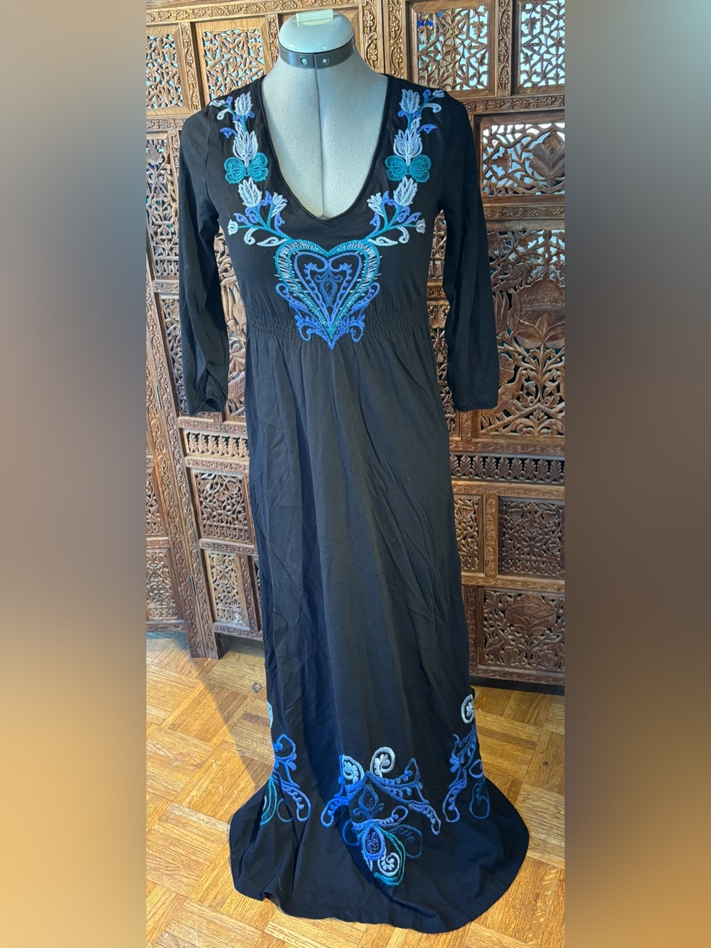Vintage Johnny Was Black Embroidered V-Neck Maxi Dress with Blue Accents
